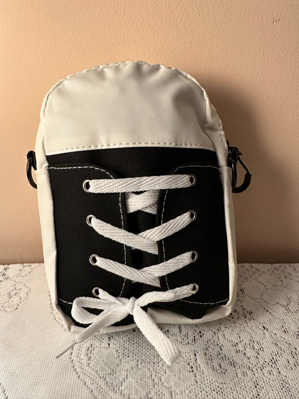 Sport Shoe Black & White Crossbody Bag with Lace-Up Detail - Picture 2 of 6